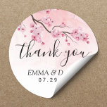 Sticker Rond Cerisier Fleur rose Mariage Merci<br><div class="desc">Stickers Mariage Aquarelle Rose Floral Élégant Cherry Blossom Merci.</div>