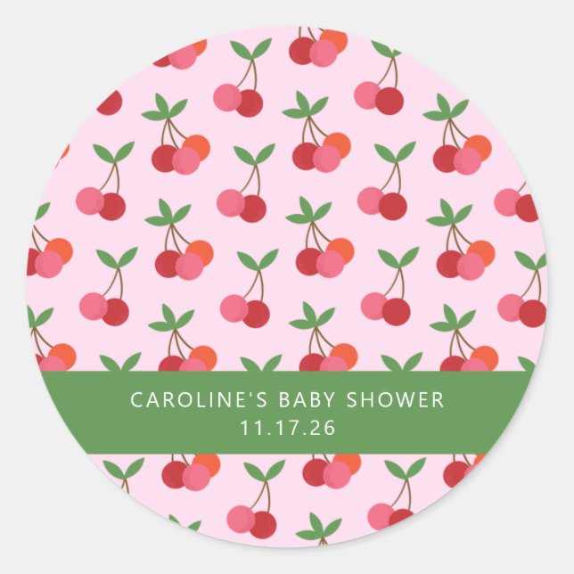 Sticker Rond Cerisier Fruit rose Vert mignon Baby shower person (Devant)