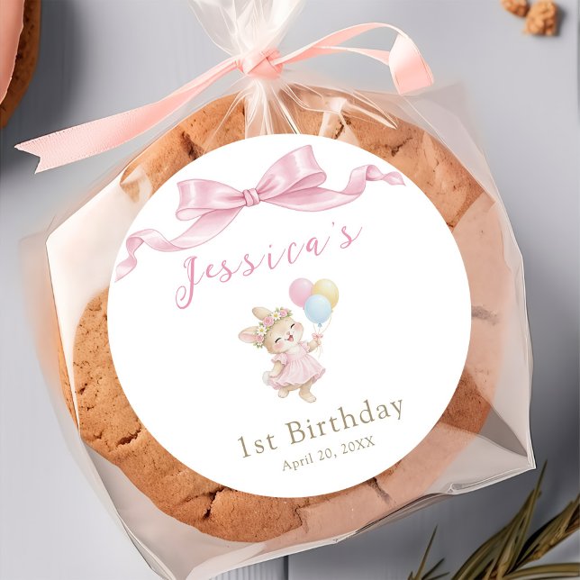 Sticker Rond Certains Lapin Fille Rose Fête son Premier Anniver (Créateur téléchargé)