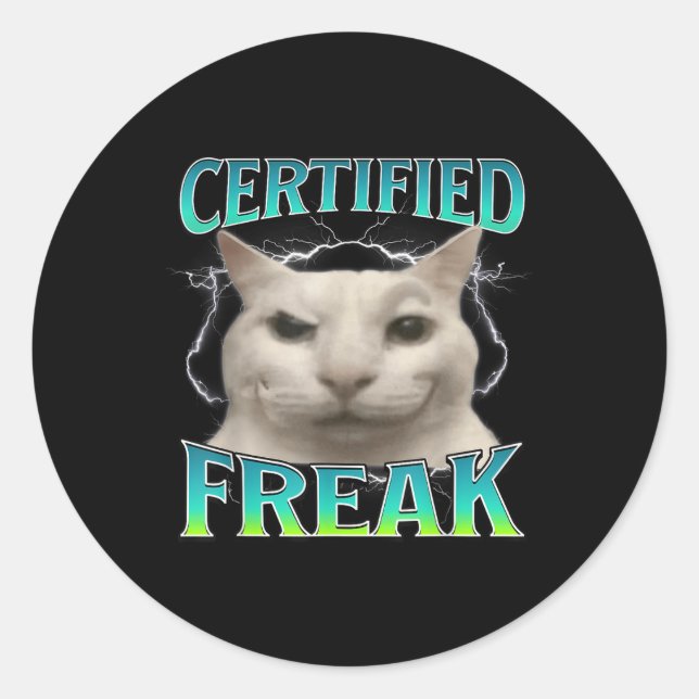 Sticker Rond Certifié Freak Funny Chat Mème Maudit Silly Starin (Devant)