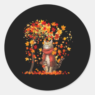 Sticker Rond C'est Automne Y'all Cat Leaf Fall Tree Bonjour Aut