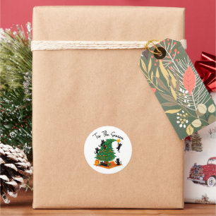 Sticker Rond C'est la saison Arbre de Noël Chat noir mignon