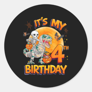 Sticker Rond C'est mon 4ème anniversaire Dinosaur Skeleton Mumm