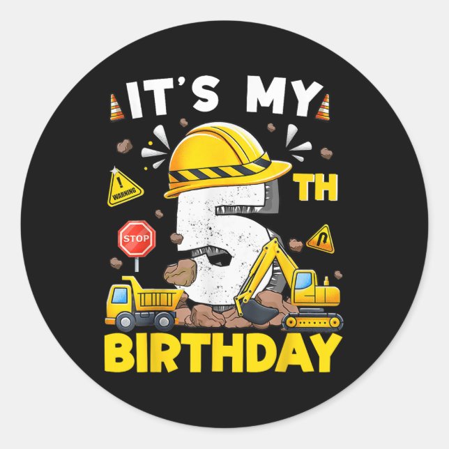 Sticker Rond C'est mon 5e anniversaire Boy Construction Excavat (Devant)