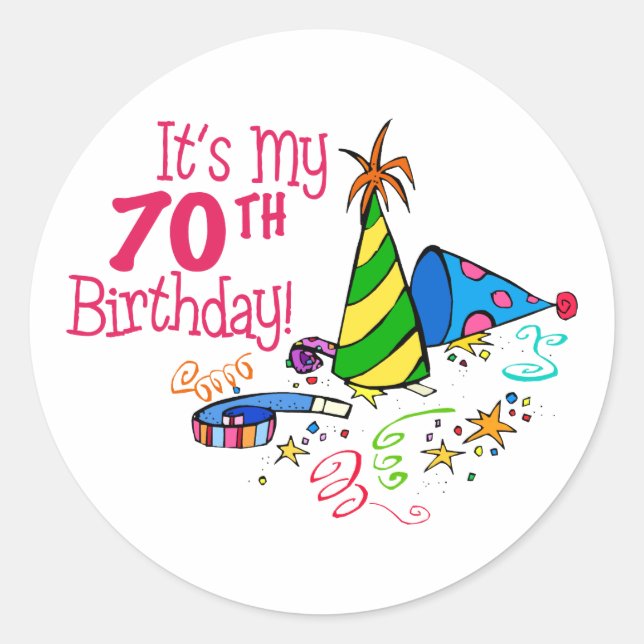 Sticker Rond C'est mon 70e anniversaire (Casquettes de fête) (Devant)