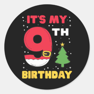 Sticker Rond C'est mon 9e anniversaire Noël 9 ans Père Noël B