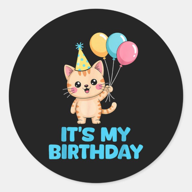 Sticker Rond C'est mon anniversaire chat kawaii  (Devant)