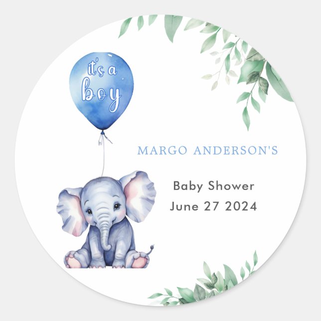 Sticker Rond C'est un Baby shower bleu éléphant garçon (Devant)