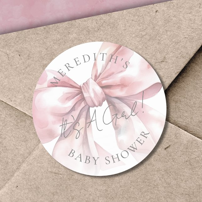 Sticker Rond C'est un Baby shower de garçon rose (It's A Girl Pink Bow Baby Shower Classic Round Sticker)