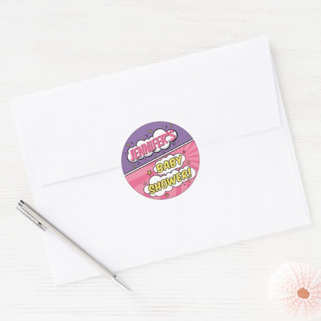 Sticker Rond C'est un Baby shower de Superhero de bande dessiné (Enveloppe)