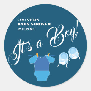 Sticker Rond C'est un garçon ! Baby shower bleu moderne. Servie