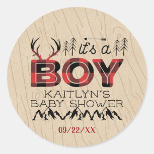 Sticker Rond C'est un garçon ! Baby shower de bûcheron rustique