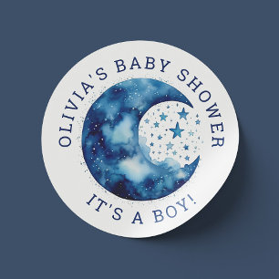 Sticker Rond C'est un garçon. Baby shower de lune bleu blanc mi