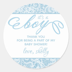 Sticker Rond C'est un garçon ! Baby shower en dentelle bleu et 