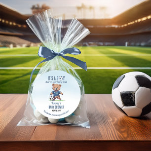 Sticker Rond C'est un garçon Bearly Wait Soccer Player Baby sho