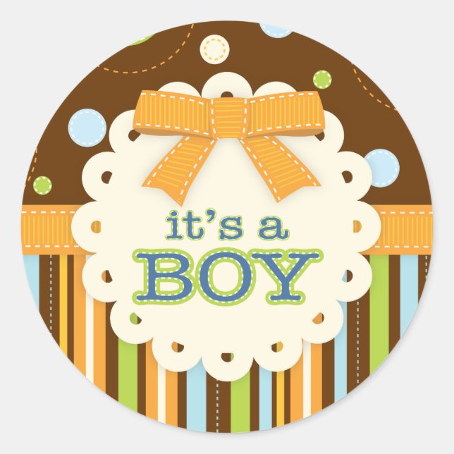 Sticker Rond C'est un Garçon Bow Blue Brown dans Stitches Baby (Devant)