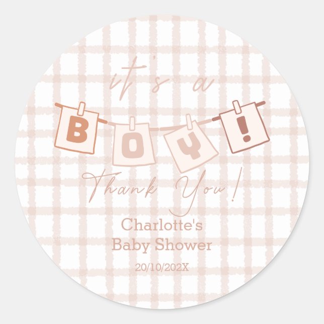 Sticker Rond C'est un garçon ! Douce Gingham Marron Notedry Bab (Devant)