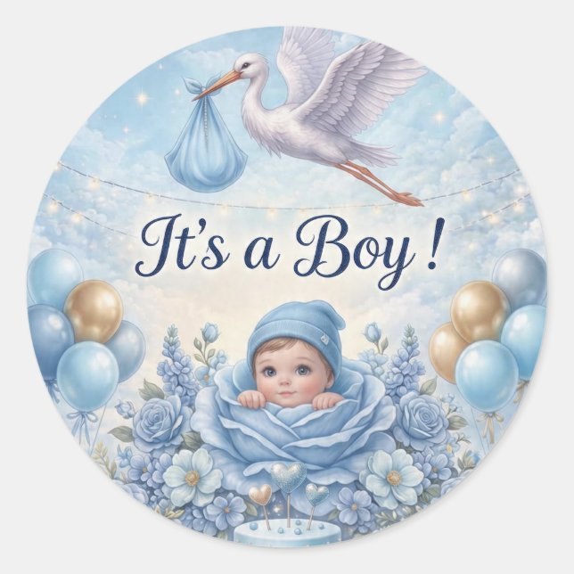 Sticker Rond C'est un Garçon Fête de Bébé Stork Bleu Fantaisist (Devant)