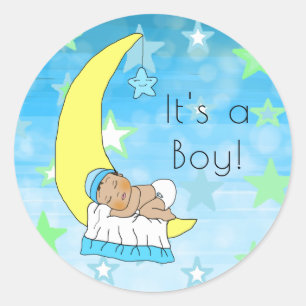 Sticker Rond C'est un garçon, un bébé garçon sur la lune et les