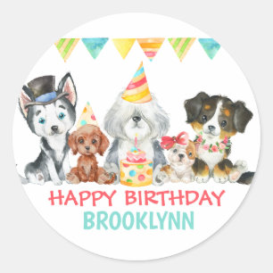 Sticker Rond C'est un joyeux anniversaire de fête des chiots