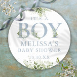 Sticker Rond C'Est Un Petit Baby shower Bleu Dusty<br><div class="desc">C'est un autocollant de baby shower garçon avec une élégante typographie bleue poussiéreuse et un joli feuillage botanique. Conçu par Thisisnotme©</div>