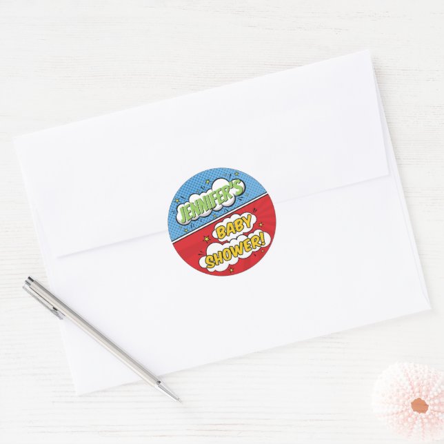 Sticker Rond C'est un petit Baby shower de Superhero de livre d (Enveloppe)