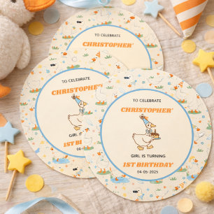 Sticker Rond C'est UNE drôle d'oie rétro 1er anniversaire amusa
