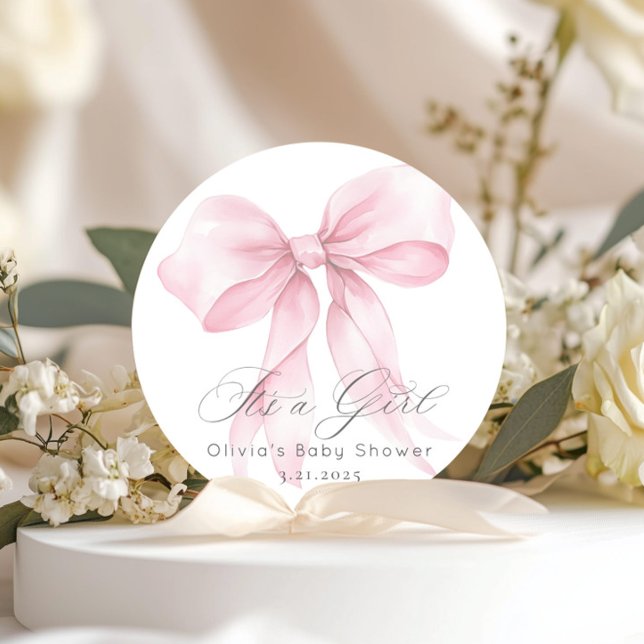 Sticker Rond C'est une fille Baby shower à l'aquarelle Ruban ro (Créateur téléchargé)
