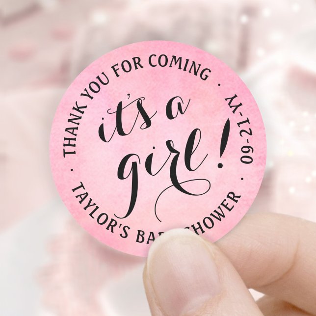 Sticker Rond C'est une fille ! Baby shower d'aquarelle noir et  (Créateur téléchargé)