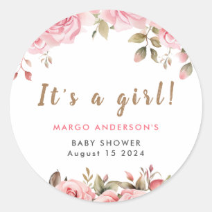 Sticker Rond C'est une fille ! Baby shower d'aquarelle rose