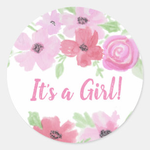 Sticker Rond C'est une fille, Baby shower de fleurs rose aquare