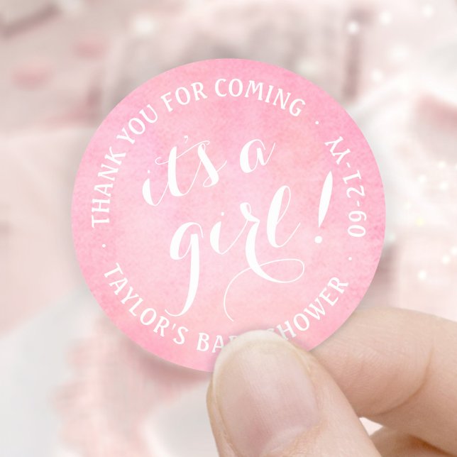 Sticker Rond C'est une fille ! Baby shower de script d'aquarell (Créateur téléchargé)