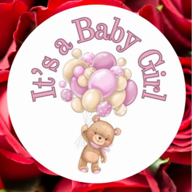 Sticker Rond C'est une fille Baby shower d'ours (Celebrate your baby girl’s arrival with this adorable bear baby shower sticker)