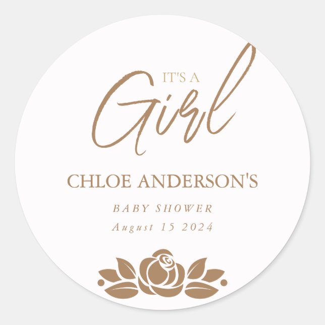 Sticker Rond C'Est Une Fille Baby shower Floral Blanc Or (Devant)