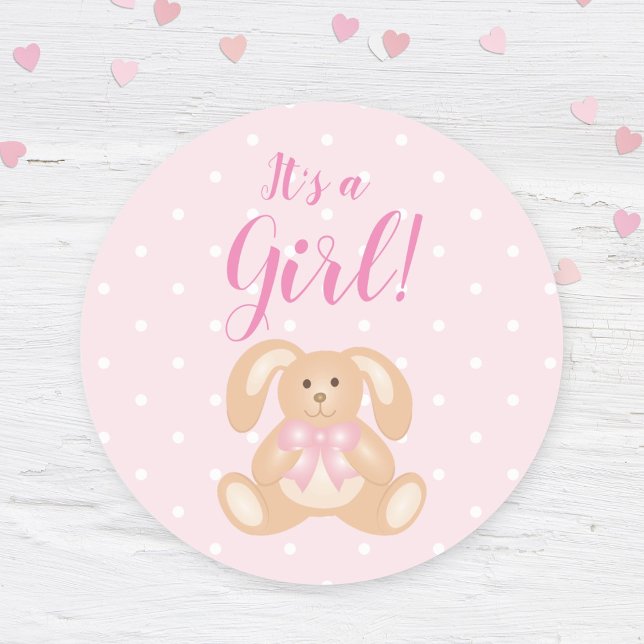Sticker Rond C'est une fille Baby shower mignonne lapin rose (Créateur téléchargé)