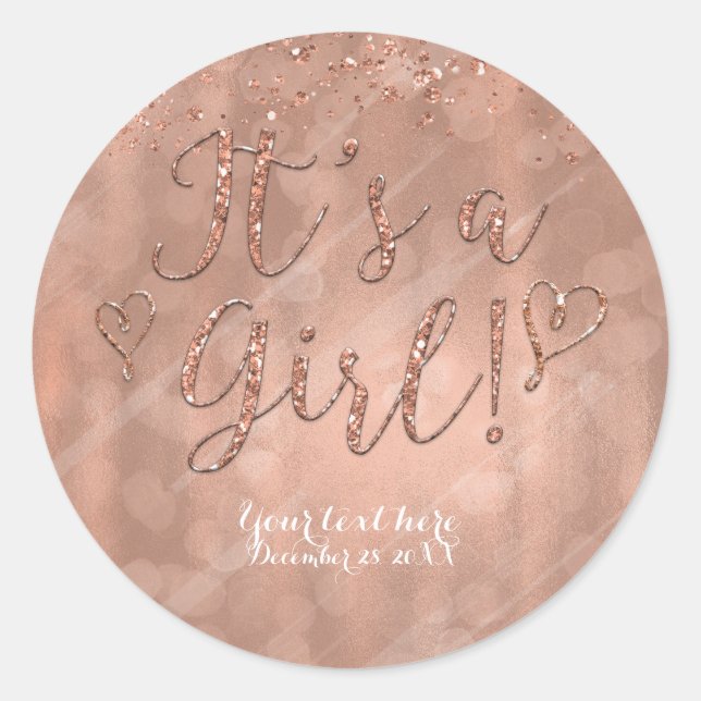 Sticker Rond C'est une fille Baby Shower Rose Gold Rose Faveur  (Devant)
