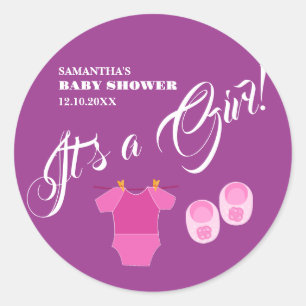 Sticker Rond C'est une fille ! Baby shower rose moderne. Servie