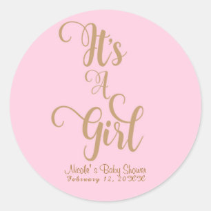 Sticker Rond C'est une fille Baby Shower Rose & Or Faveur perso