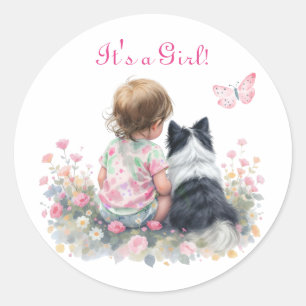 Sticker Rond C'est une fille Baby Shower Rose pour Bébé Fille