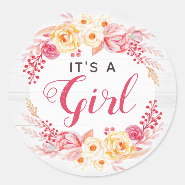 Sticker Rond C'est une fille Baby Shower Shabby Chic Rustique F (Devant)