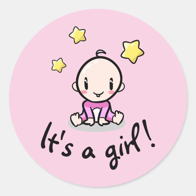 Sticker Rond C'est une fille !, bébé fille nouveau-née, autocol (Devant)