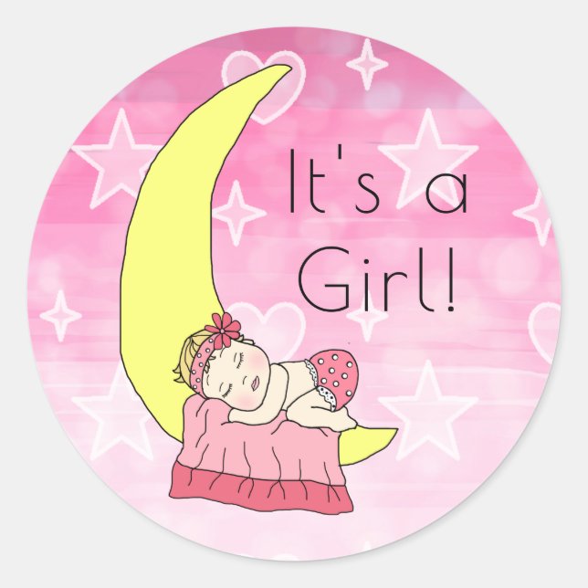 Sticker Rond C'est une fille, bébé fille sur fond rose lune (Devant)