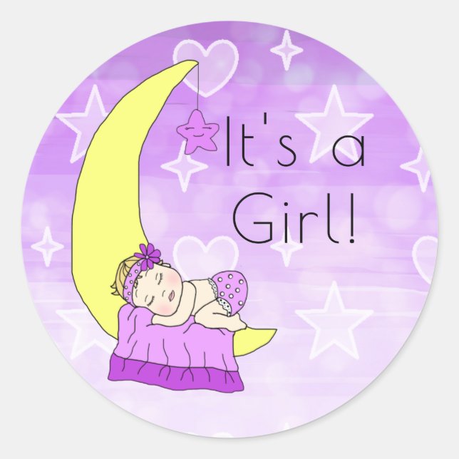 Sticker Rond C'est une fille, bébé fille sur fond violet lune (Devant)