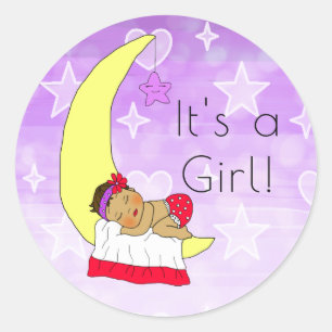 Sticker Rond C'est une fille, bébé fille sur la lune Violet Eth
