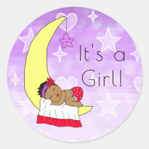 Sticker Rond C'est une fille, bébé fille sur lune violet ethniq