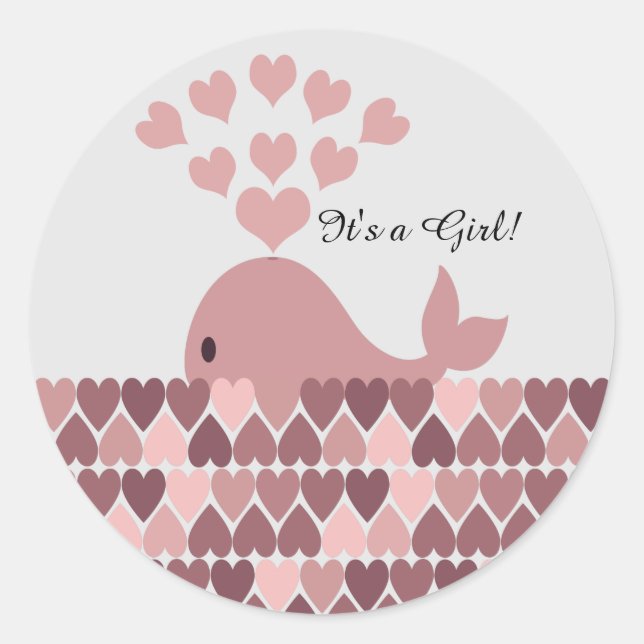 Sticker Rond C'est une fille ! Belle baleine rose (Devant)