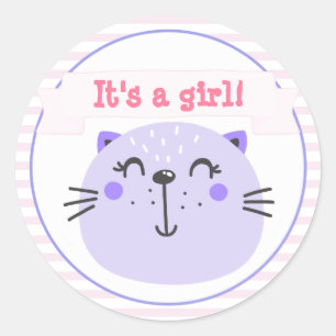 Sticker Rond C'est une fille. Cat mou pourpre Baby shower
