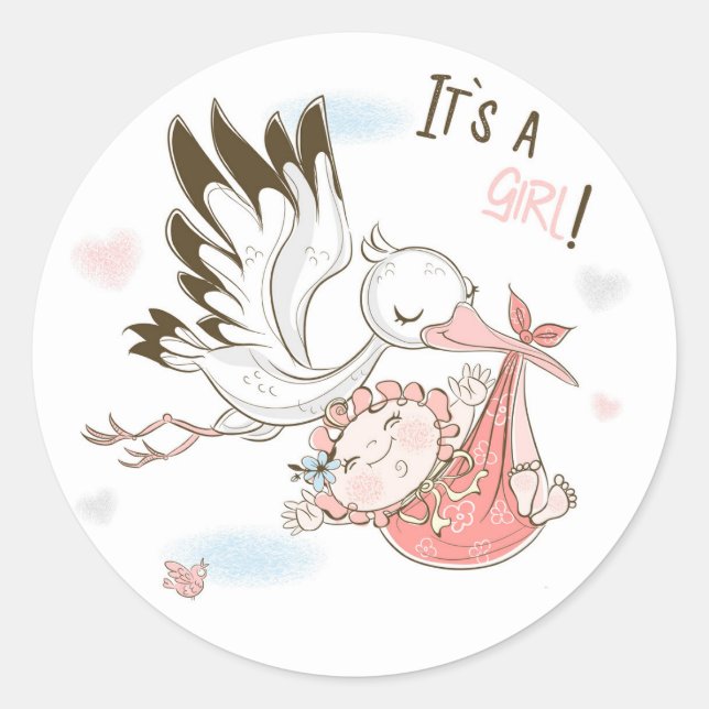 Sticker Rond C'est une fille cigogne et bébé (Devant)