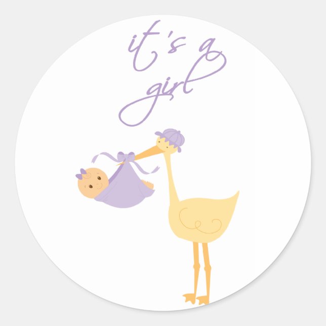 Sticker Rond C'est une fille cigogne violette tenant un autocol (Devant)