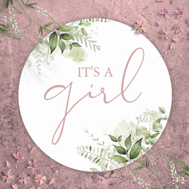 Sticker Rond C'Est Une Fille Dusty Rose Baby shower verdoyant F (Its A Girl Dusty Rose Greenery Baby Shower Favor Classic Round Sticker)